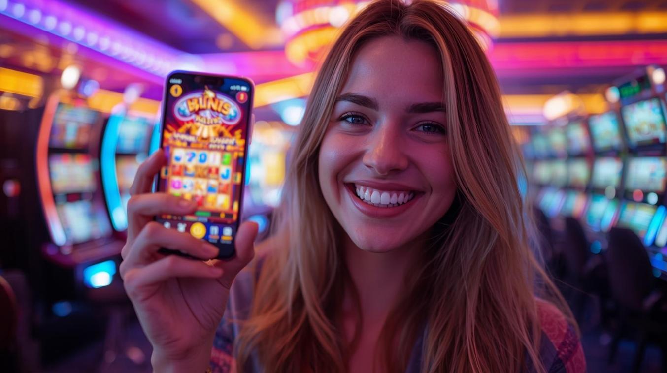 Happy player engaging with vibrant online slot game on mobile in casino.