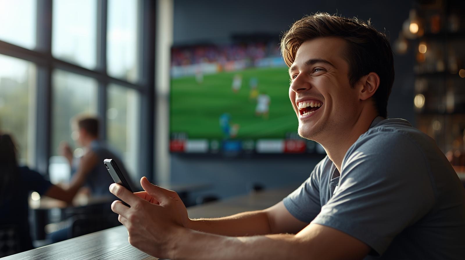 Smiling man celebrates live sports win while streaming match online.