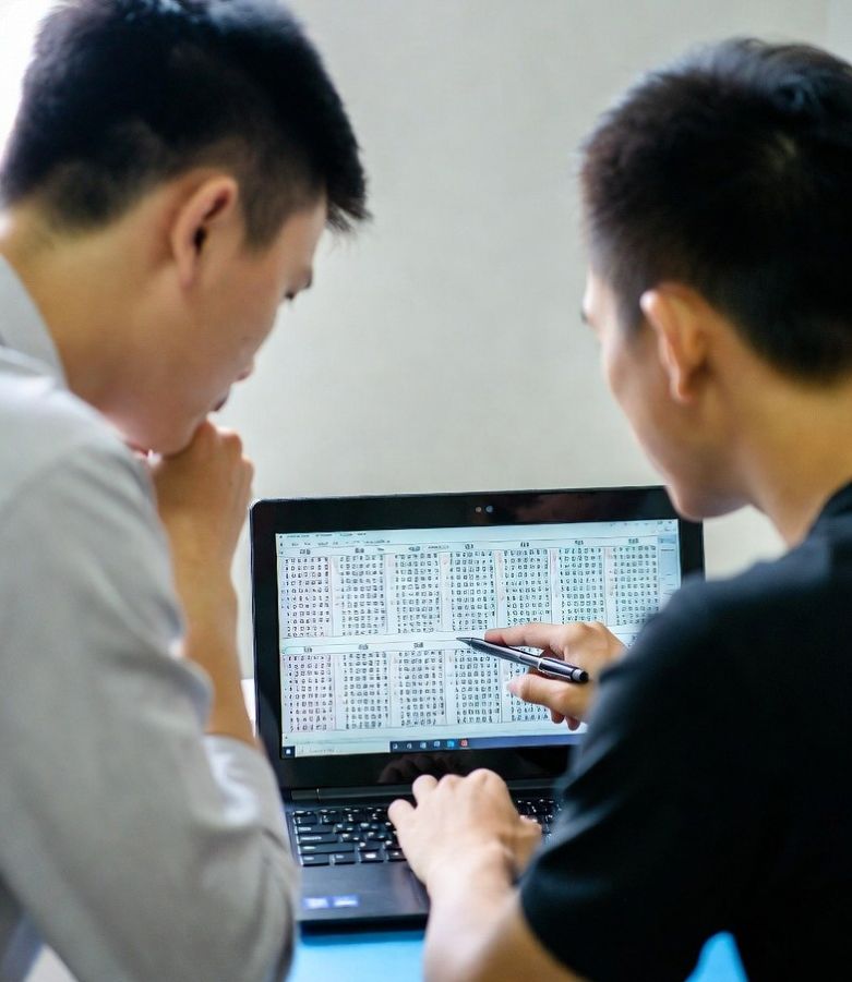 lottery players studying digital charts on a laptop