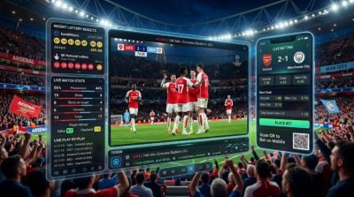 A modern sports entertainment dashboard displaying a live football match on a large digital screen alongside lottery number results, dynamic statistics, mobile betting interface