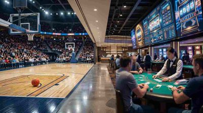 sports and gaming scene inside a modern entertainment venue